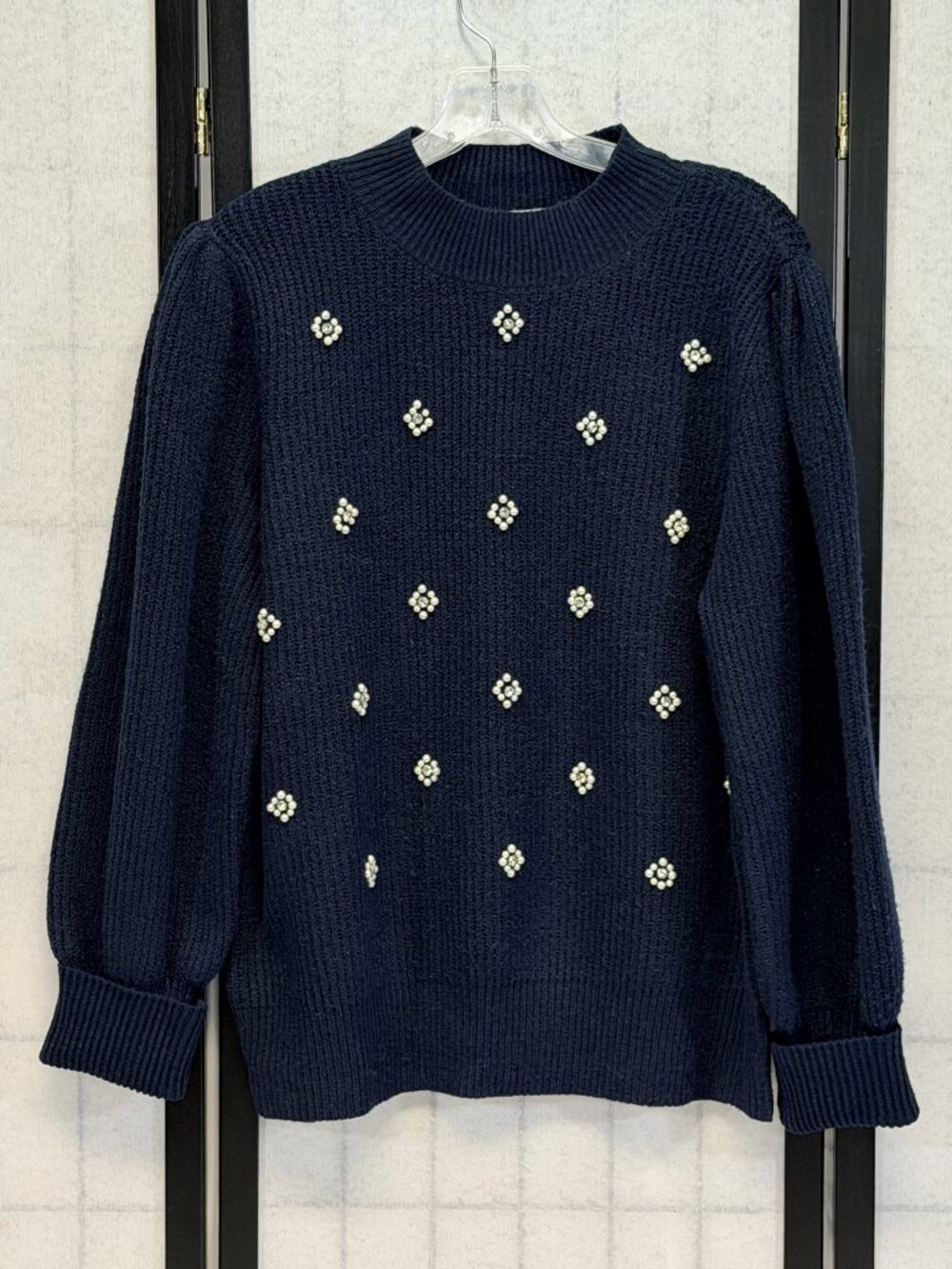 Liz Claiborne NWT Navy Velour Knit Puff Shoulder Pearl Rhinestone XL Sweater